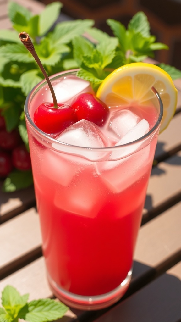 A glass of cherry lemonade with ice, garnished with cherries and lemon, on a sunny outdoor table.